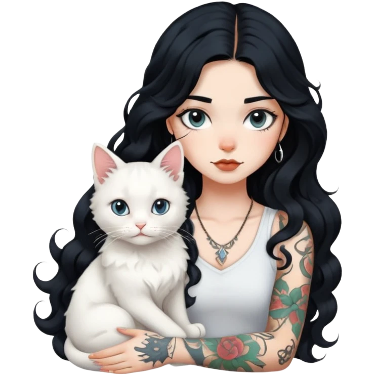 girl with long black Loose curls hair and tattoos and a white cat emoji
