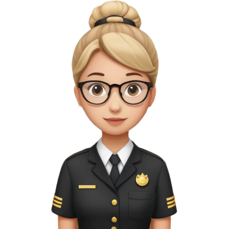 Reception Young girl, bun hair, wearing uniform of reception with hotel name badge, glasses, stand behind the desk

 emoji