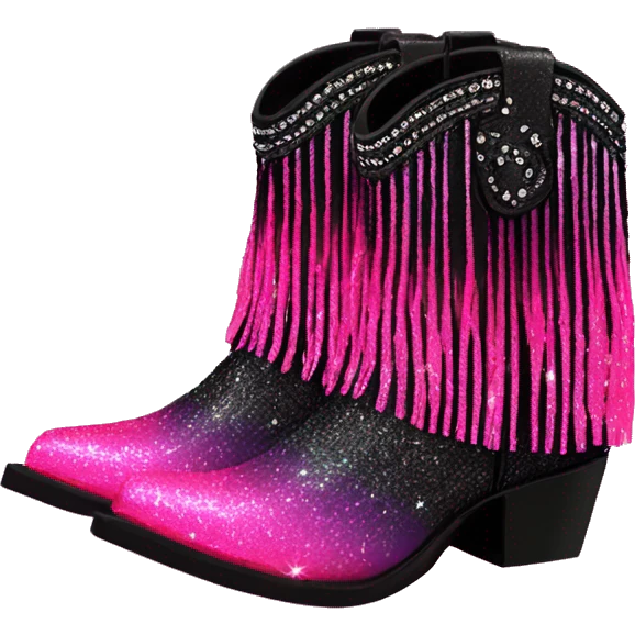 Realistic neon pink to black ombre pair of fashion cowgirl boots with sparkly shiny glitter fringe on them. emoji