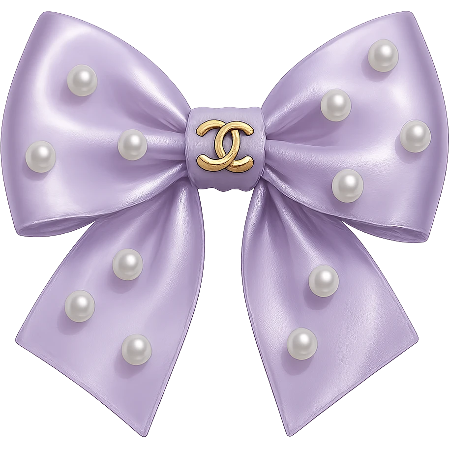 Remove the background, keep only the elegant bow with pearls and gold Chanel logo, glossy, pastel colors, realistic style, with no background. purple emoji