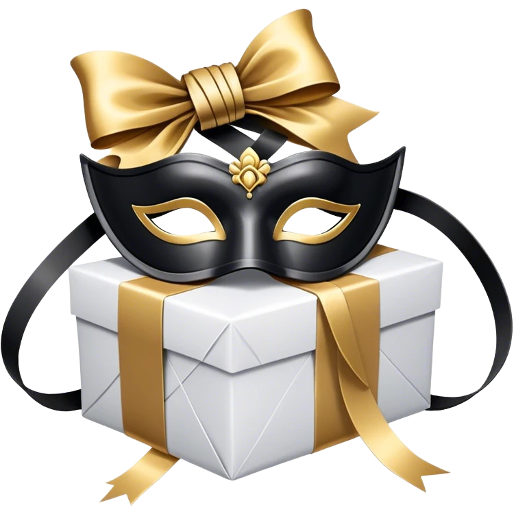 Gift wrapped with black rope and venetian mask emoji
