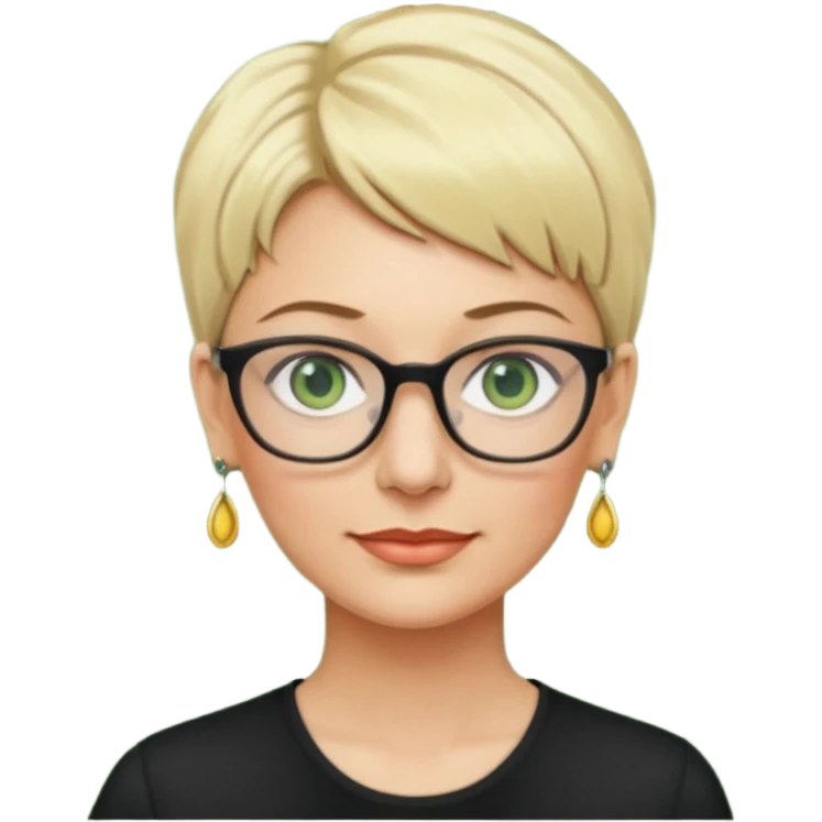 femme 40 ans lunettes cheveux très courts blonde anneaux oreilles yeux verts emoji