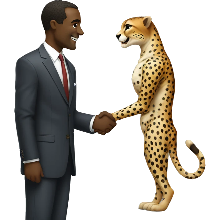 A cheetah in a classic suit shakes hands with a man  emoji