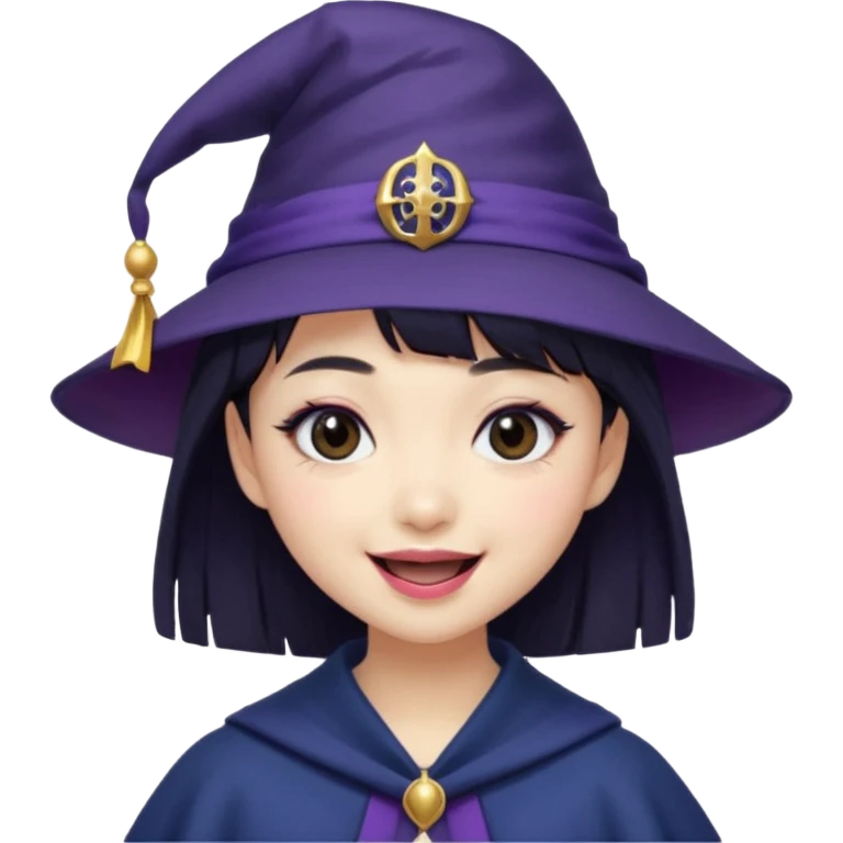 An Asian short-haired girl with short raven hair and bangs, with heterochromia eyed, eyeliner, and laughs with a tiny fang of mauve-toned lipstick, wears a dark navy wizard hat with an emblem on it. emoji