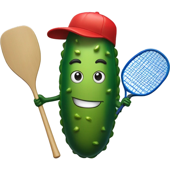 pickle with legs, wearing a jersey, mouth smiling, wearing cap, holding a solid red paddle ball racket, blue backgound, wearing sunglasses emoji