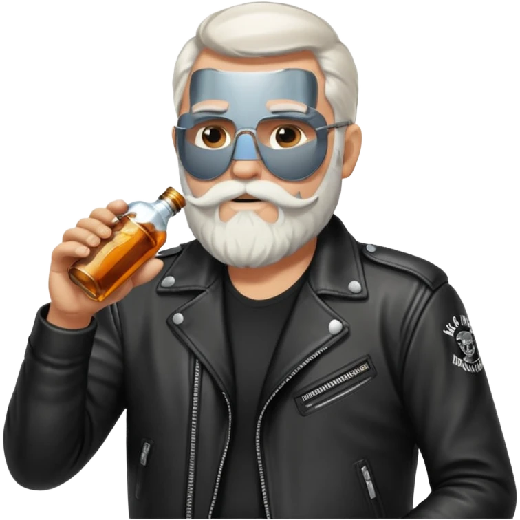 Un motero de barba blanca, chupa de cuero y bebiendo de una botella de Jack Daniel's. emoji