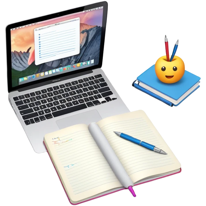 top view of a MacBook and a notebook with a pen nearby, notebook with visible notes emoji