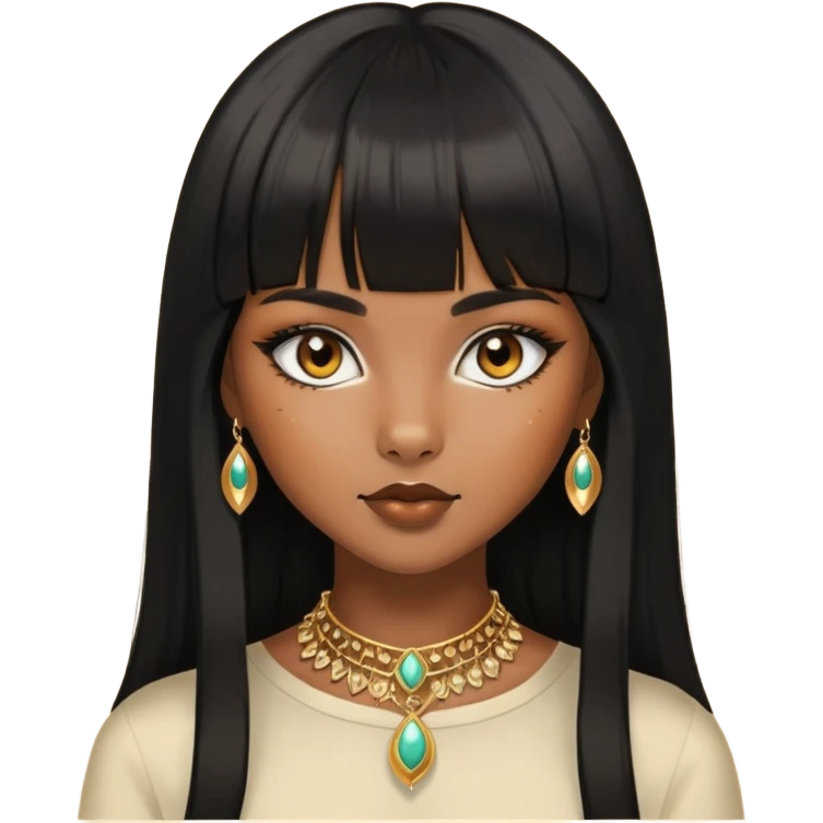 brownskin girl, fox eyes, black straight hair with bangs above eyebrowns, golden accessories emoji