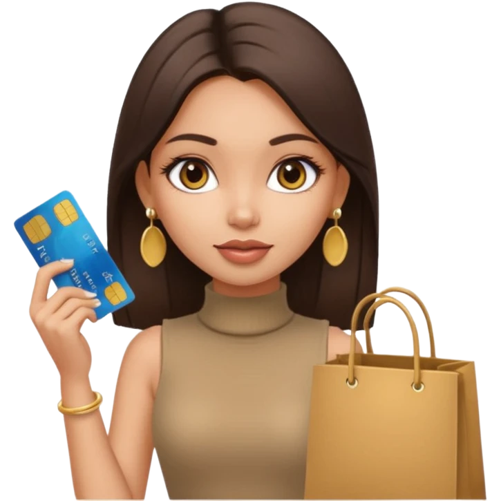 a pretty bratz fair indian girl wearing a beige sleeveless turtleneck, golden earrings, straight ling hair, holding bank cards, dark brown hair, carrying shopping bags emoji