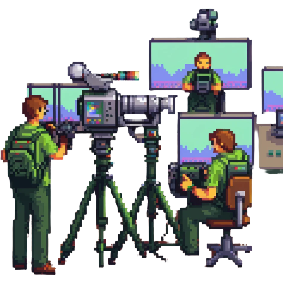 pixel art style, large high resolution image of a film crew collaboration: multiple members (cameraman, sound engineer, director) working together around a broadcast camera, dynamic atmosphere, wide shot, team spirit emoji