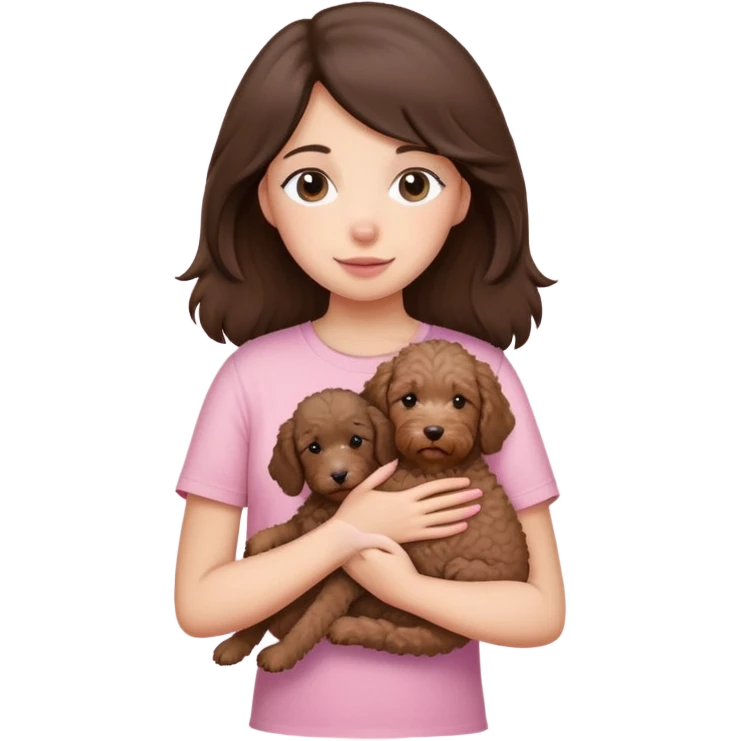 One girl with medium long dark brown hair dressing baby pink T-shirt, hugging One little brown coated labradoodle. emoji