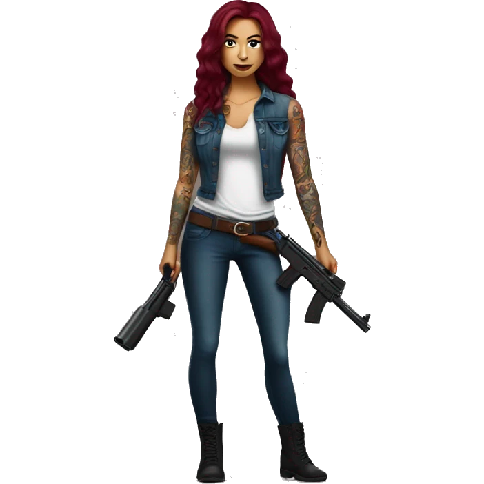 Beautiful tattooed burgundy long haired woman with a gun emoji