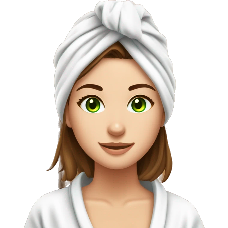 Beautiful white girl with brown hair and green eyes in white towel in sauna emoji