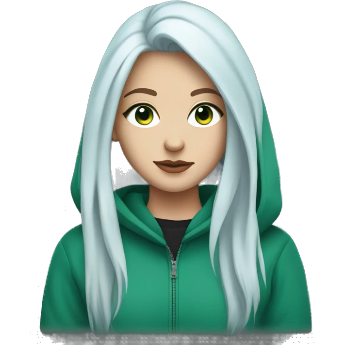 white girl with long blue hair in a wolf cut, blue eyes, wearing an unzipped green hoodie with a black tshirt underneath emoji