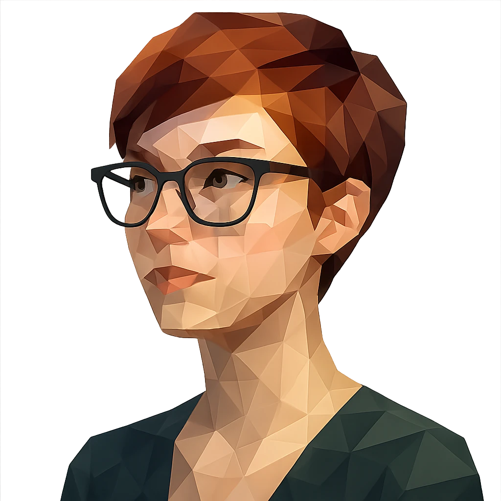 polygonal style woman in her 20s with auburn pixie cut (side part) and glasses emoji