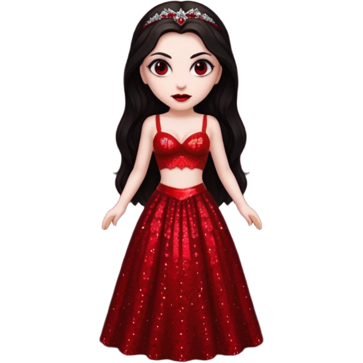Bride of Dracula with long dark brown hair, red sequin bra, red sequin long skirt emoji