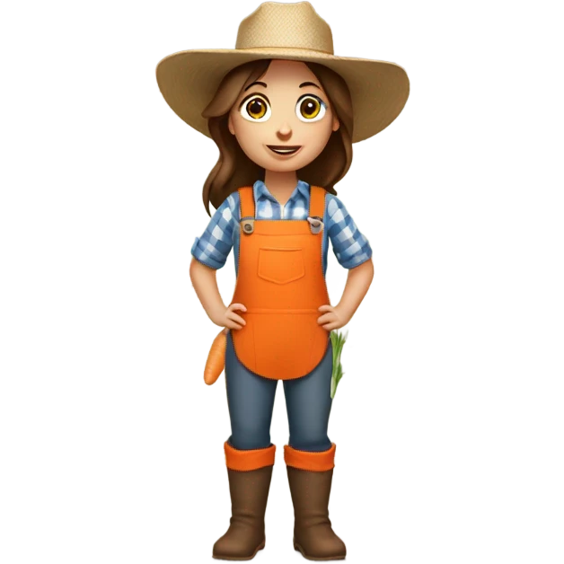 full body farmer girl holding carrots, brown hair emoji