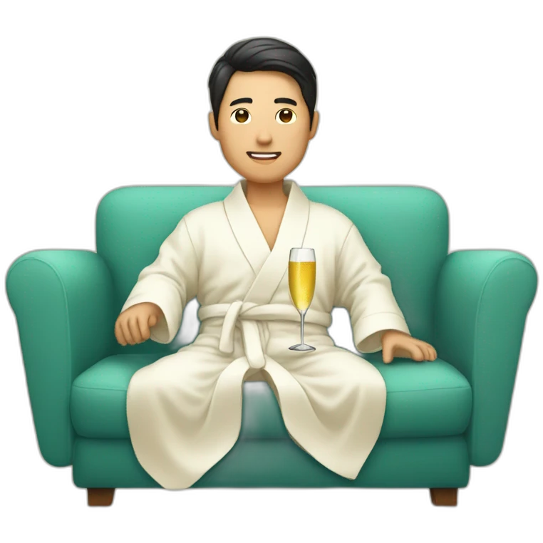 A Korean man in a bathrobe on the sofa with a glass of champagne emoji