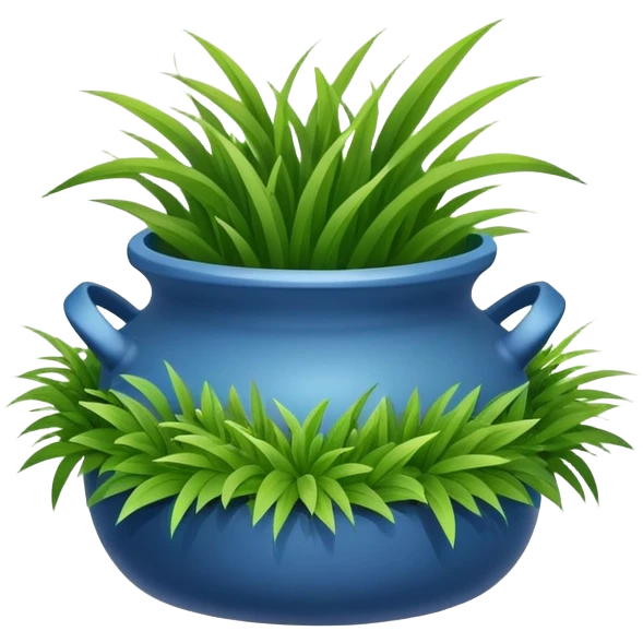 a small blue pot with grass leaves gathered in a pile of emoji