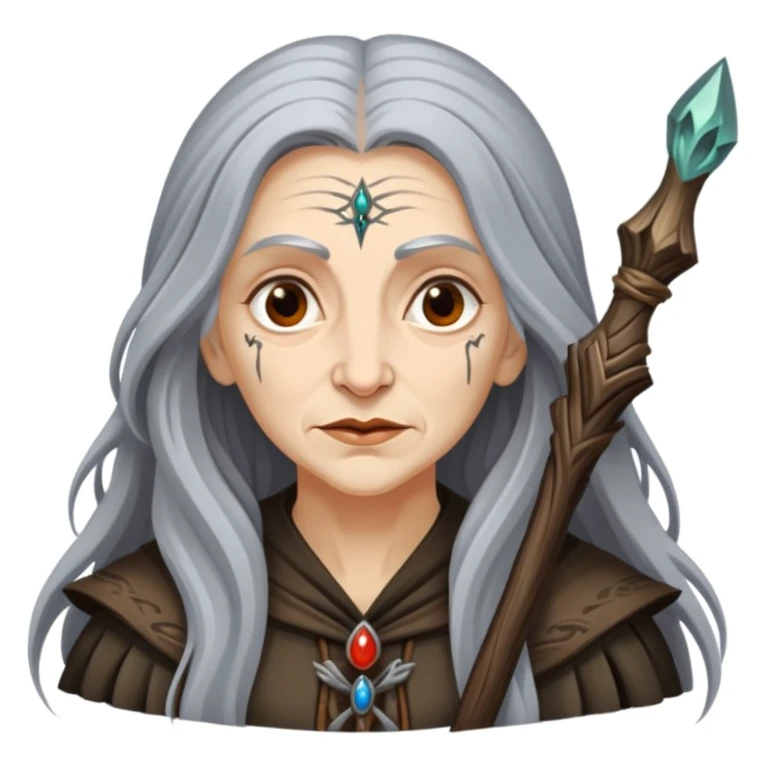 Baba Yaga sorceress woman with long wild hair, forest background emoji