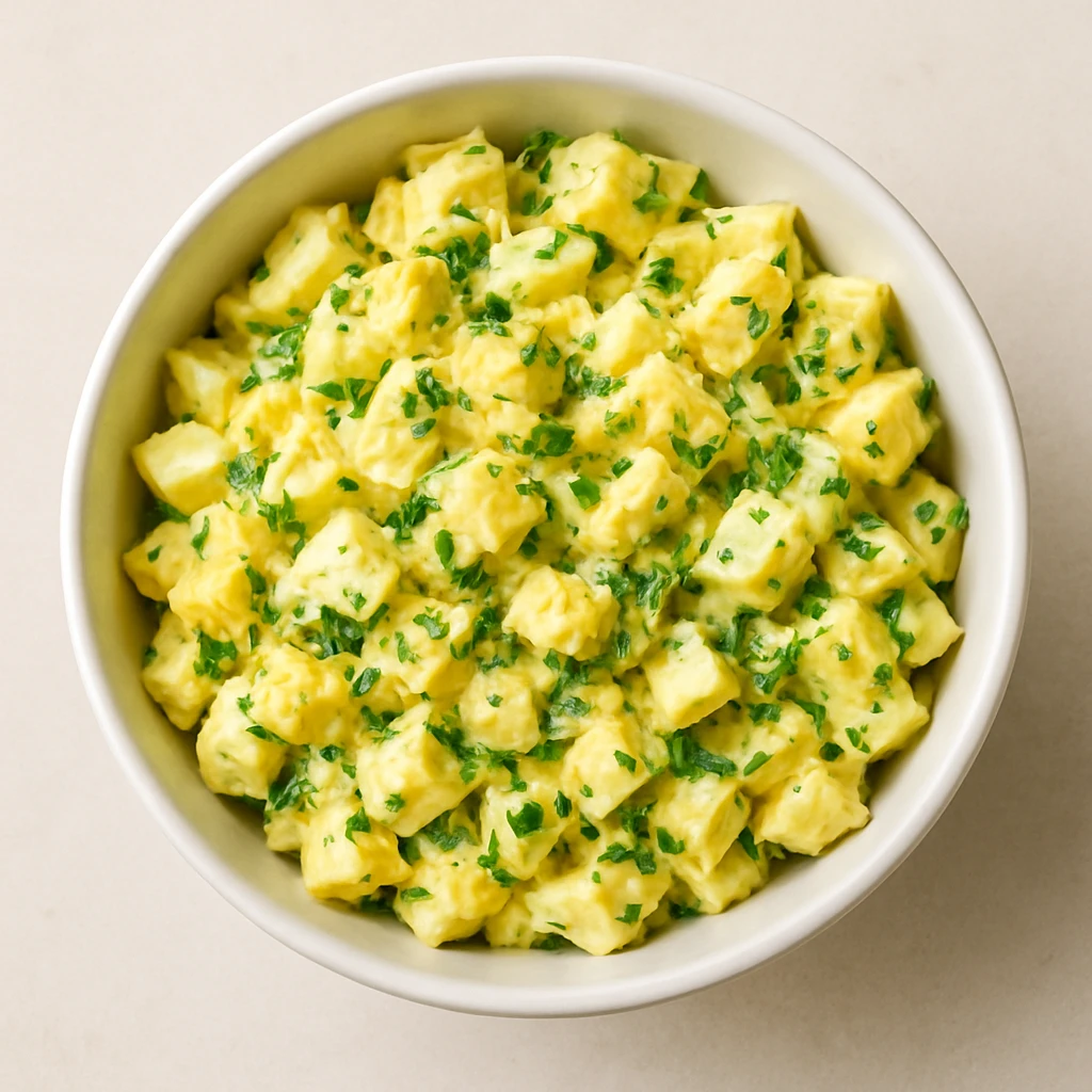 bowl of egg salad, chopped eggs and herbs, appetizing, minimal background emoji