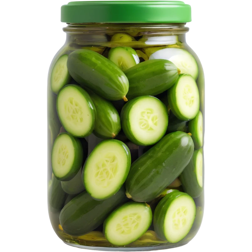 transparent glass jar filled with green pickled cucumbers, visible brine inside, tightly sealed smooth shiny dark green lid contrasting with lighter green pickles emoji
