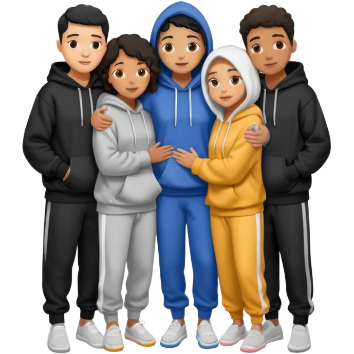 four mixed race friends all wearing oversized hoodies, sweatpants, and slides huddled together hugging emoji