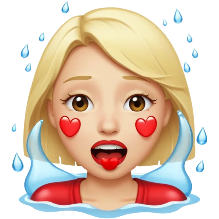 blonde having crying emoji tears (water-emoji) from hard laughter. really happy in general, happy eyes and open mouth. red lipstick emoji