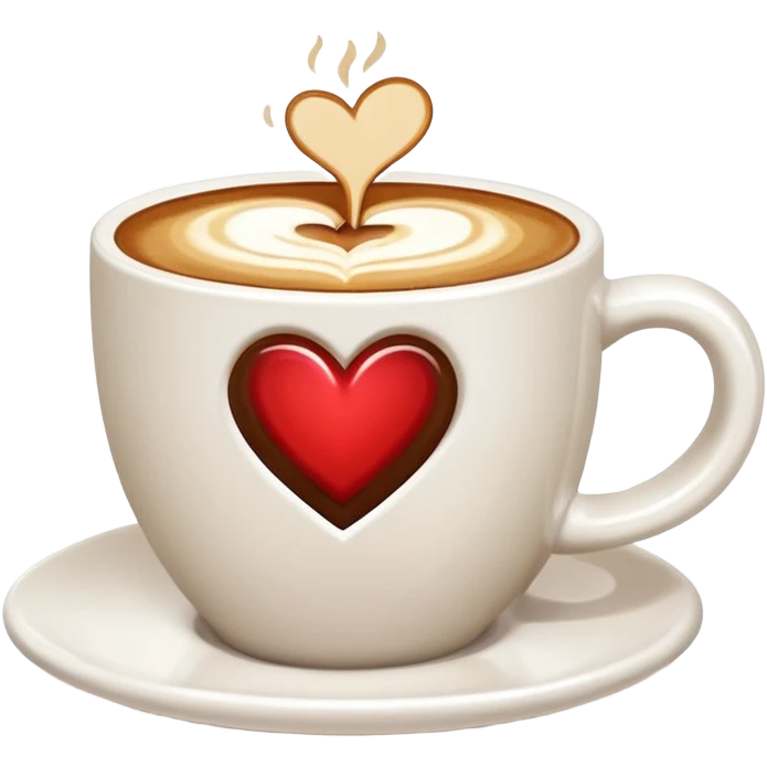a flat white coffee without a face in a clean white coffee mug having  poured heart with latte on top emoji