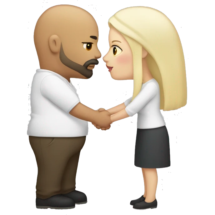 Chubby Dark tan male, bald with beard and mustache kissing a chubby white female with long straight platinum blonde hair  emoji