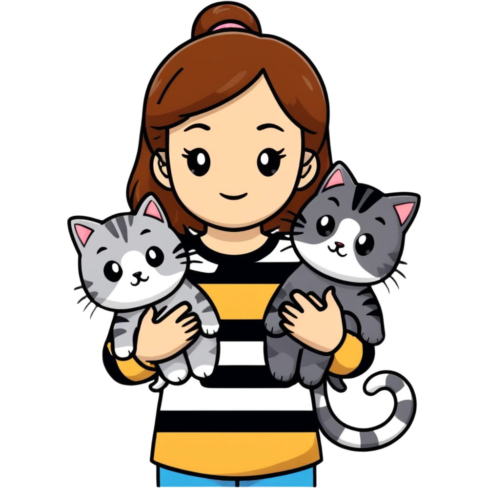 tan brown hair girl holding two black and grey striped cats emoji