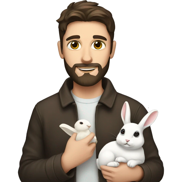 Brunette guy with a beard holds a white rabbit  emoji