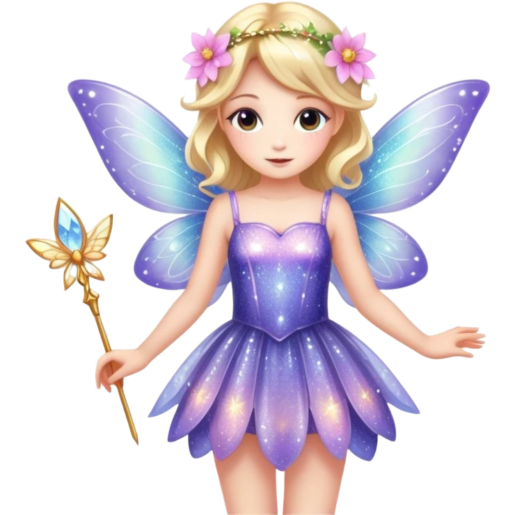 Cute fairy girl with delicate wings, sparkly wand, floral dress, and magical glitter emoji