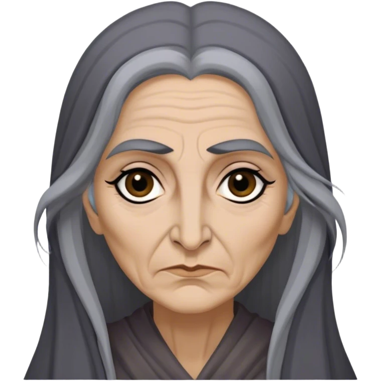 Mirri Maz Duur is a weathered, age 50 Lhazareen woman with deep-set dark eyes, high cheekbones, and a sharp nose, giving her a stern, knowing expression. Her long, unkempt dark hair streaked with gray falls loosely over her shoulders emoji