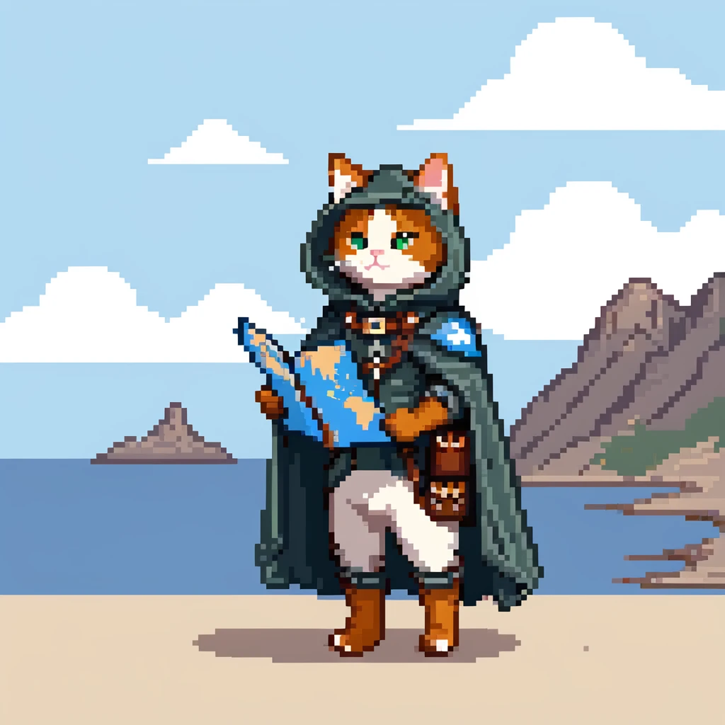 Cat explorer holding map, mountain landscape with stars, wearing explorer gear with cloak blowing in wind, gazing at horizon emoji