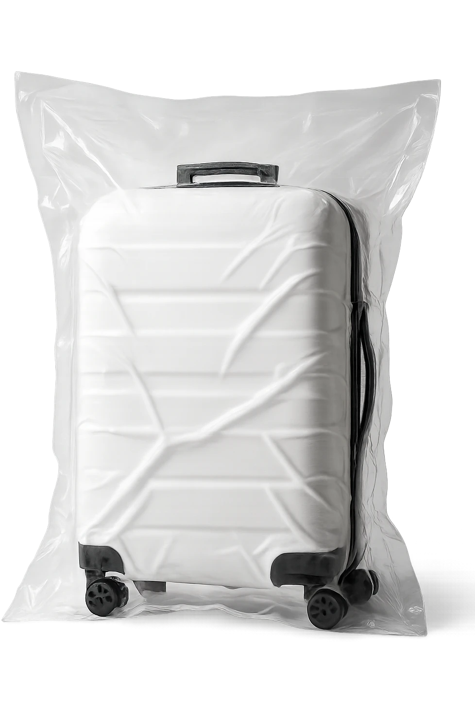 white suitcase on wheels, vacuum sealed style, soft shadows and highlights, pure white color, transparent background, no decoration emoji