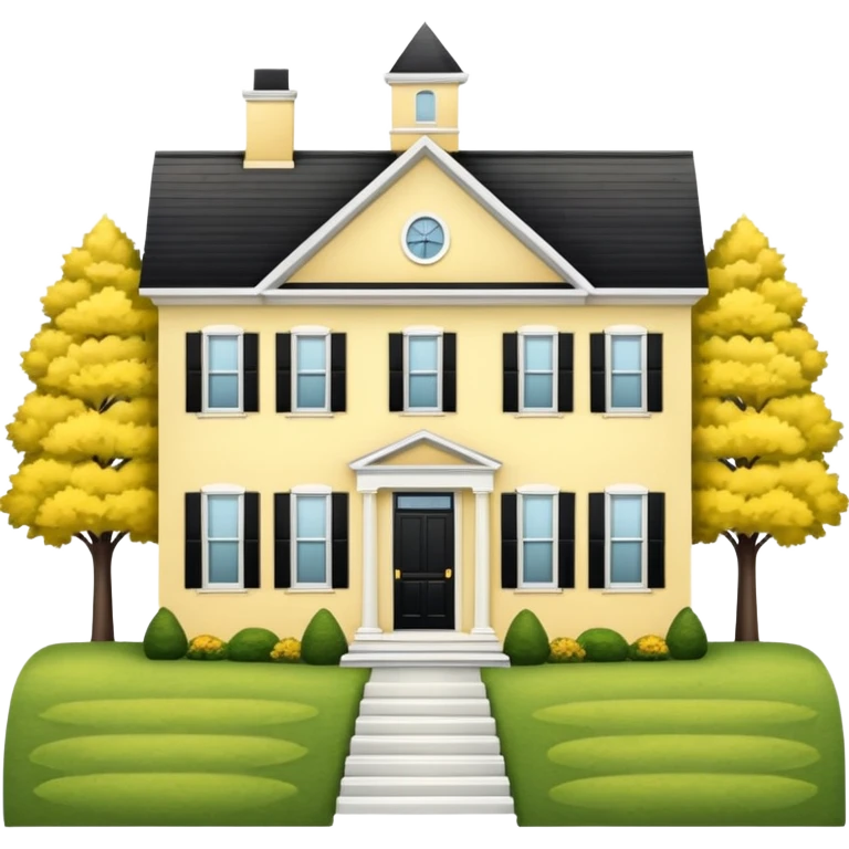 Butter yellow colonial house with black shutters and a peak in the center emoji
