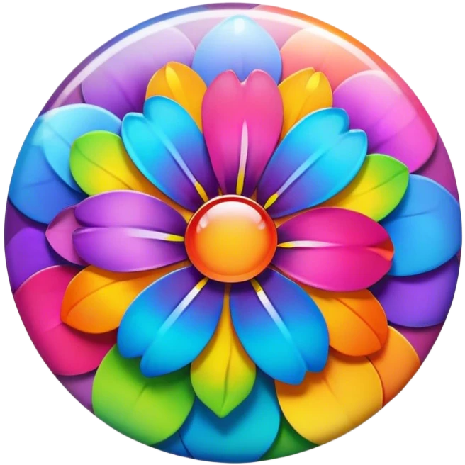 A round psychedelic colored button with rainbow colored flowers in the center emoji
