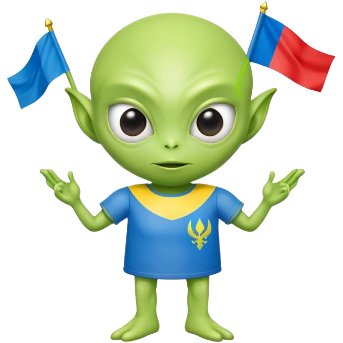 Green alien in Shirt 👚 with 🇷🇺 and 🇺🇦 flags emoji