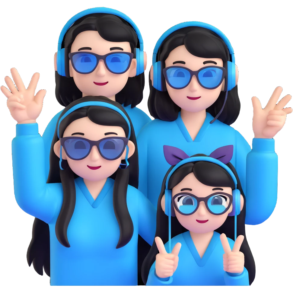 Gojo Satoru and his female protégé, both making peace signs, playful and energetic, Gojo with black shades and icy-blue eyes, protégé with long black hair, twin bows, cropped black top with cyan accents, blue headphones, sparkly background emoji