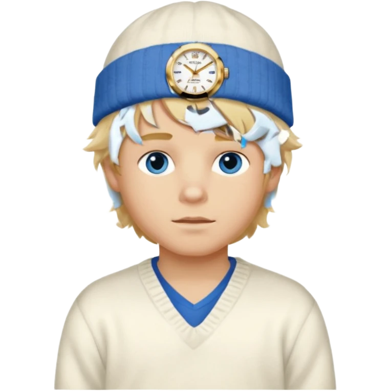 Create a look for a blond boy with long, tousled hair, light eyes, a white sweater, a wealthy appearance, blue eyes, and accessories like a Rolex or Cartier watch, and a cute face with messy hair down. blue eyes + + pajama white fluffy + cap fluffy emoji