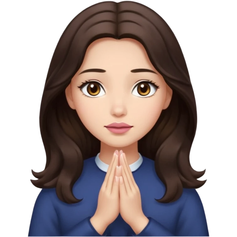 girl with wavy long glamorous dark brown hair, brown eyes, light to medium complexion, long lashes, almond shaped eyes, light pink lipstick, square shaped face. praying emoji