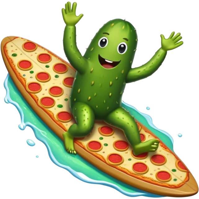 a pickle riding surfboard eating pizza in space emoji