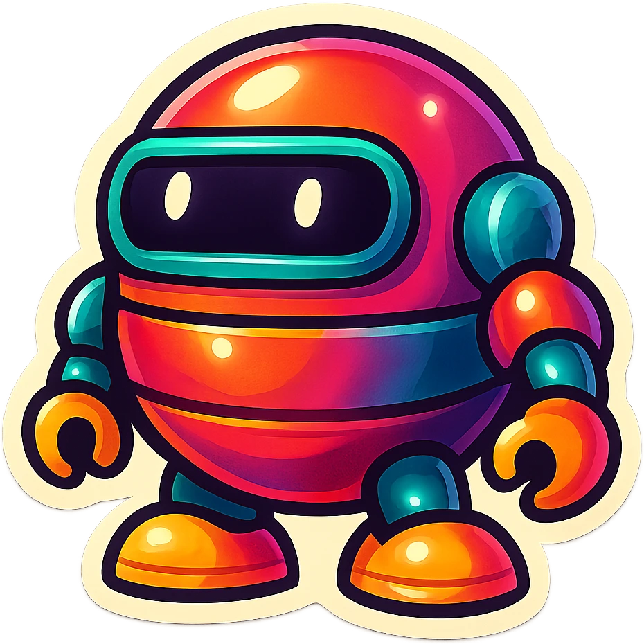 Render this spherical robot in retro stickers style, with bold outlines and vibrant colors, emphasizing a playful and nostalgic look typical of retro stickers. emoji