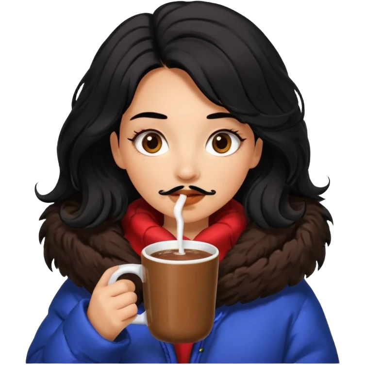 Tanned Girl with lashes , black hair, in an extremely big fluffy oversized jacket, and drinking hot chocolate drink emoji
