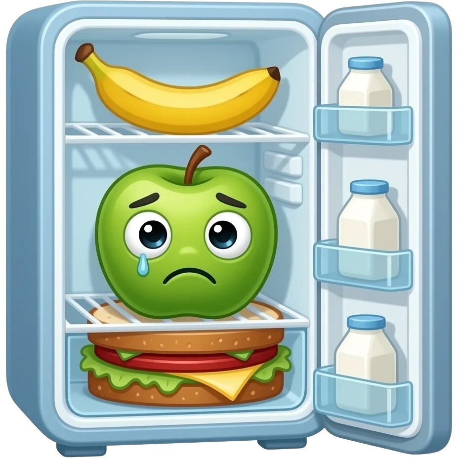 fridge with old banana apple sandwich not happy sad green smells crying cute smelly face milk dirty emoji