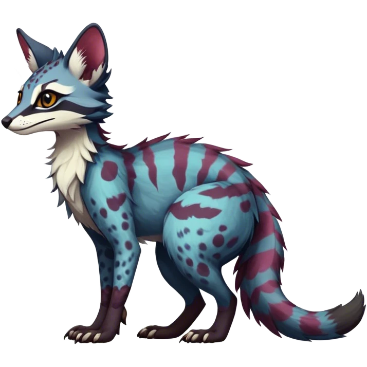 Feral Rare Fantasy dark colorful Vernid-Sergal-Genet-Trico-species by LiLaiRa, random markings, tufted tail, tufted ears, full body emoji