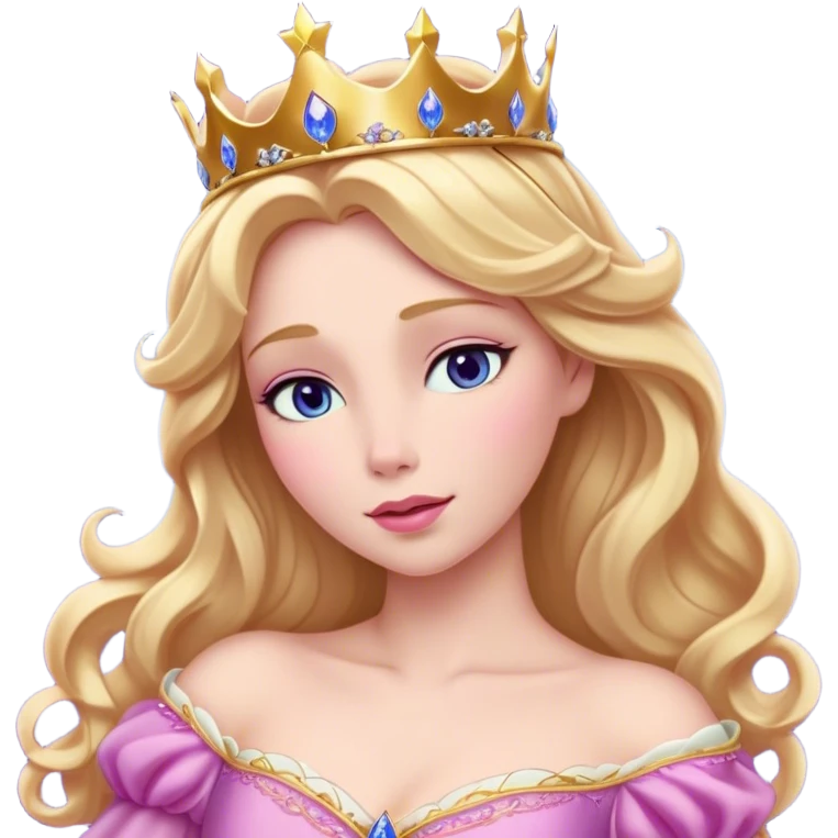 Cinematic Realistic Sleeping Beauty (Aurora) Portrait, with porcelain-like skin featuring a natural rosy flush, illuminated by soft lighting that highlights the gentle contours of her face. Her golden blonde hair flows in soft, detailed waves with subtle highlights that shimmer in the light. Her deep violet-blue eyes radiate warmth and innocence, framed by arched brows and long lashes. Her serene expression exudes quiet elegance. She is dressed in her classic pink gown, the fabric rich in texture with delicate folds that catch the light. A golden crown rests atop her head, gleaming with royal refinement. The portrait captures a soft, glowing aura, blending realism with an ethereal sense of beauty and timeless enchantment. emoji