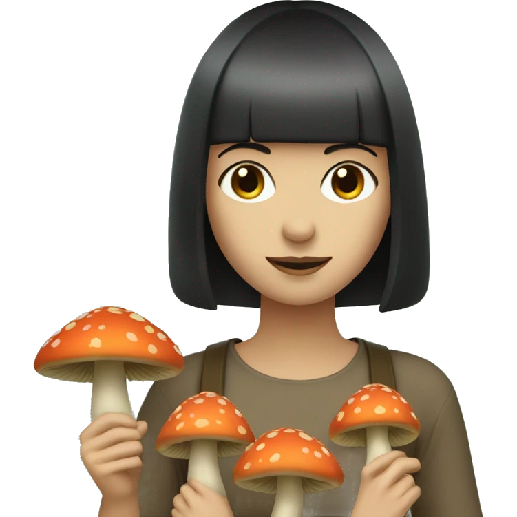 female with fair skin, dark bob and a fringe is picking up mushrooms emoji