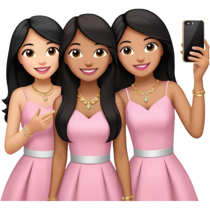 Just 3 besties with professional glammed up looks wearing pink and white, all medium skin tone smiling big with black long hair. Very girly wearing jewelry, taking a selfie  emoji